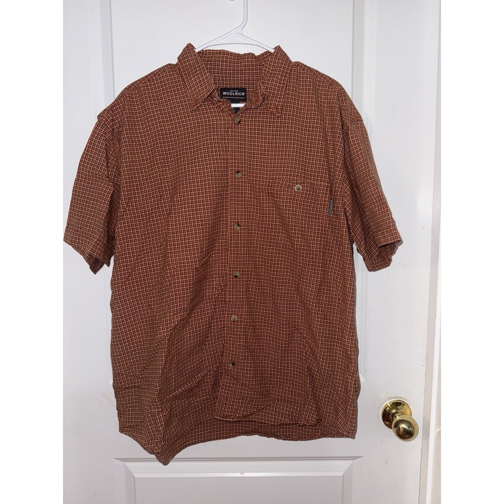 Woolrich Men's Short Sleeve Orange Checkered Button-Up Shirt‎ Size XL Vintage